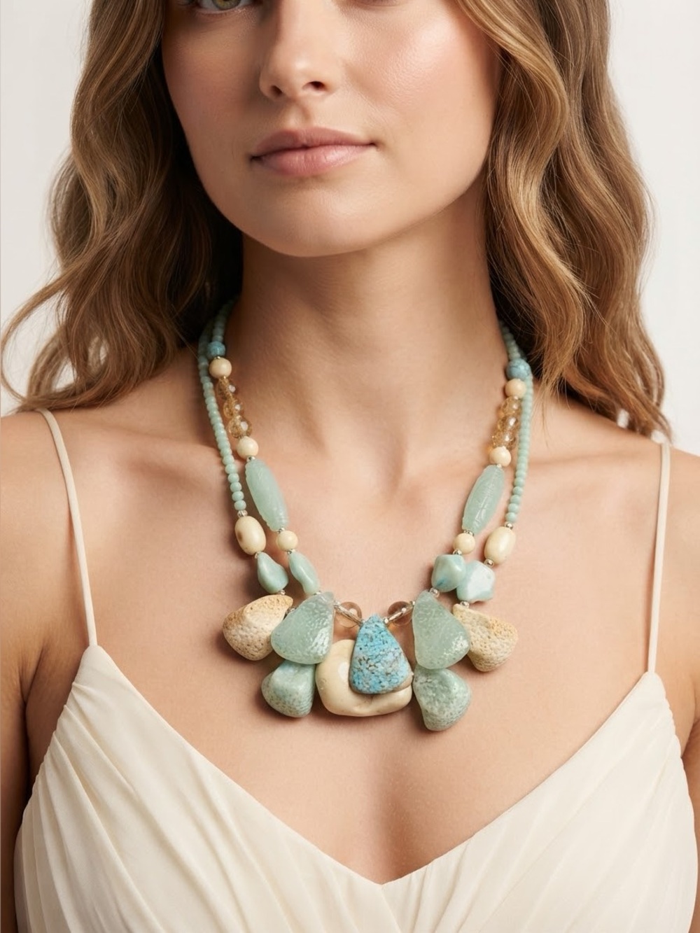 Turquoise Cream Multi-Strand Bib Necklace | Boho Sea Glass Statement Jewelry